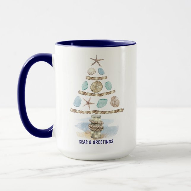 Seashells and Sea Glass Seas & Greetings Christmas Mug (Left)