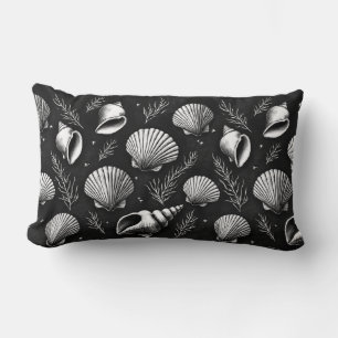 Seashells and Seaweed in Black and White Lumbar Pillow