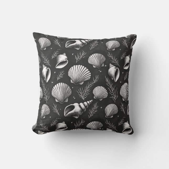 Seashells and Seaweed in Black and White  Outdoor Pillow (Front)