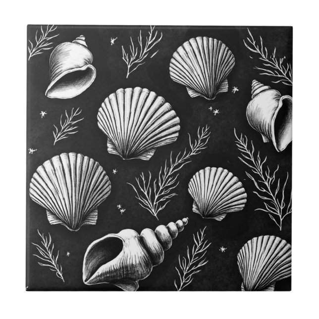 Seashells and Seaweed in Black and White  Tile (Front)