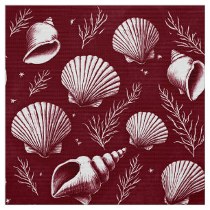 Seashells and Seaweed in Maroon and White  Fabric