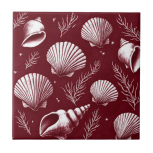 Seashells and Seaweed in Maroon and White Tile