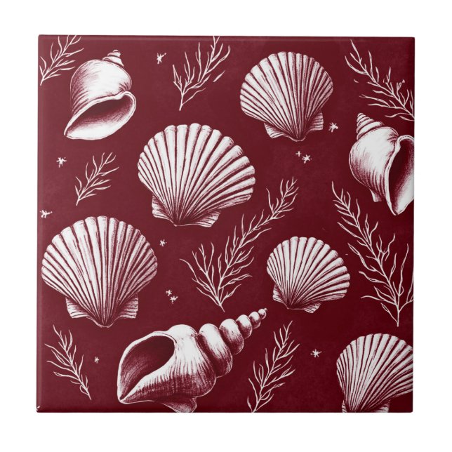 Seashells and Seaweed in Maroon and White  Tile (Front)