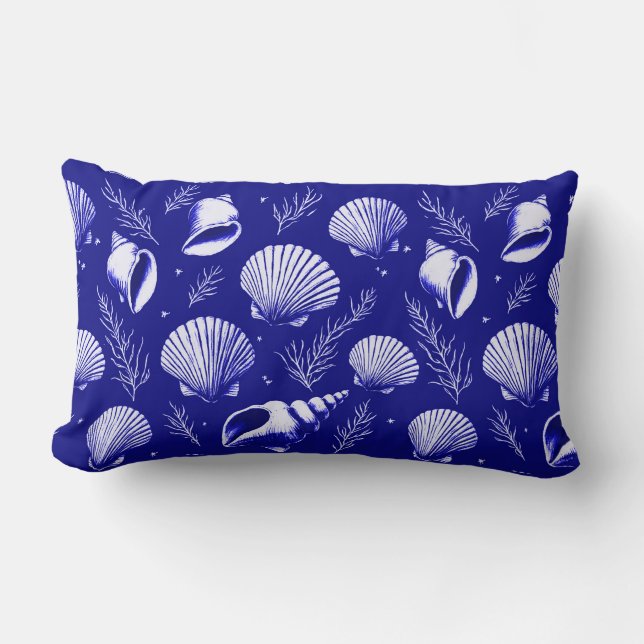 Seashells and Seaweed in Navy Blue and White  Lumbar Pillow (Front)