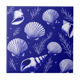 Seashells and Seaweed in Navy Blue and White Tile