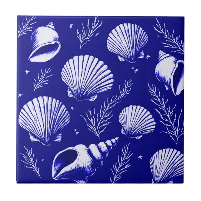 Seashells and Seaweed in Navy Blue and White  Tile (Front)