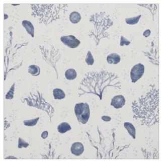 Seashells and Seaweed Navy and White Fabric