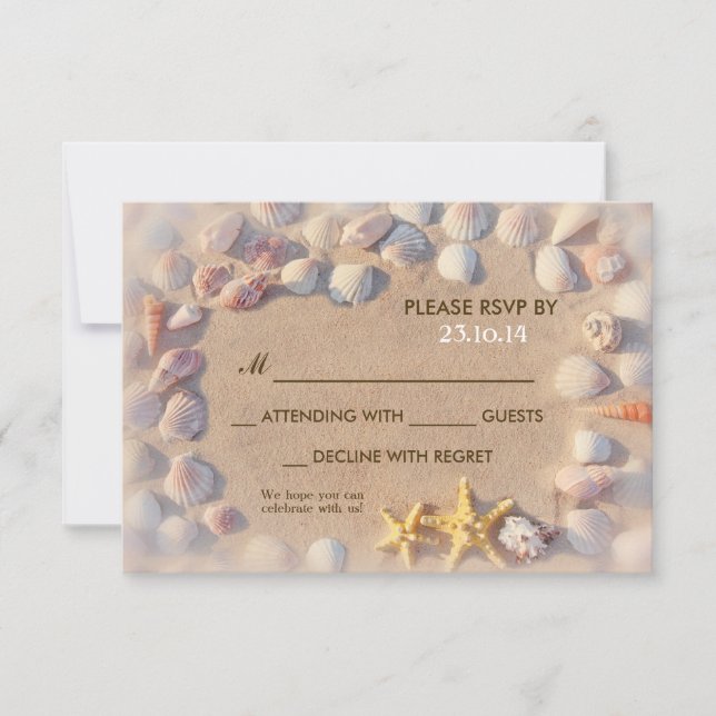 seashells and starfish beach wedding RSVP Card (Front)