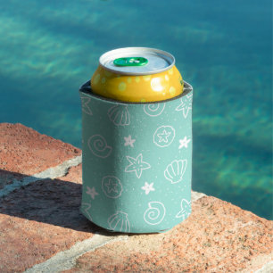 Seashells and Starfish Teal Pattern Can Cooler
