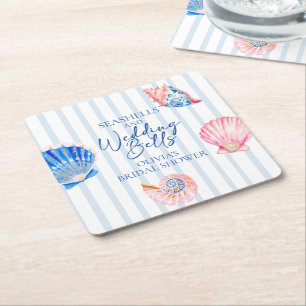 Seashells and Wedding Bells Coastal Bridal Shower Square Paper Coaster