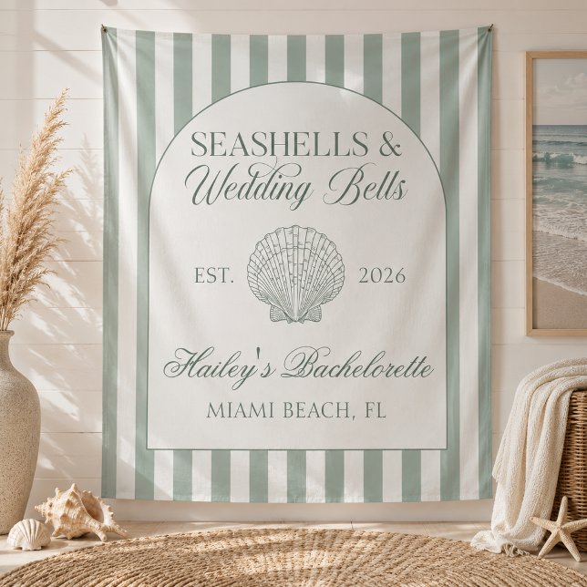 Seashells and Wedding Bells Green Bachelorette Tapestry (Creator Uploaded)