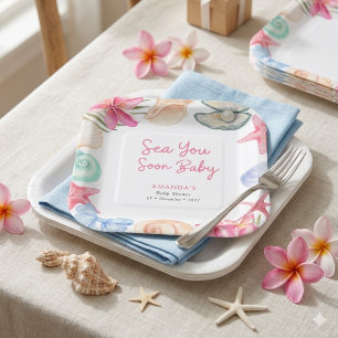 Seashells Beach Sea you soon Baby Shower Paper Plate