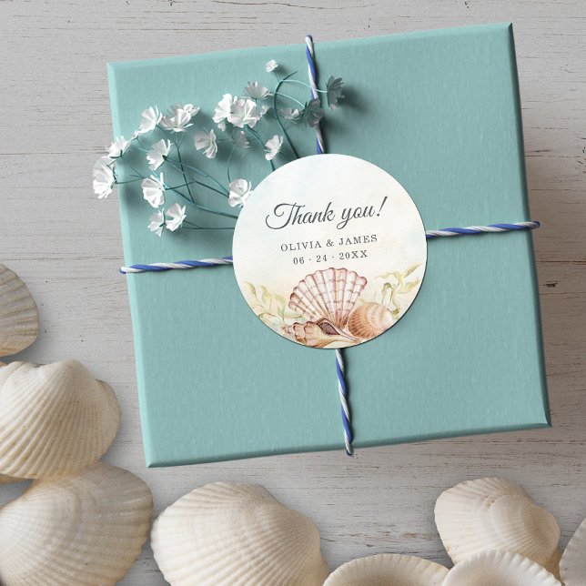 Seashells Beach Tropical Thank You Wedding Classic Round Sticker (Creator Uploaded)