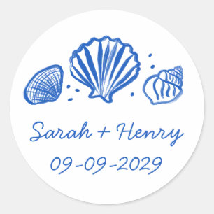 Seashells Beach Wedding Blue White CUSTOM Classic Round Sticker
