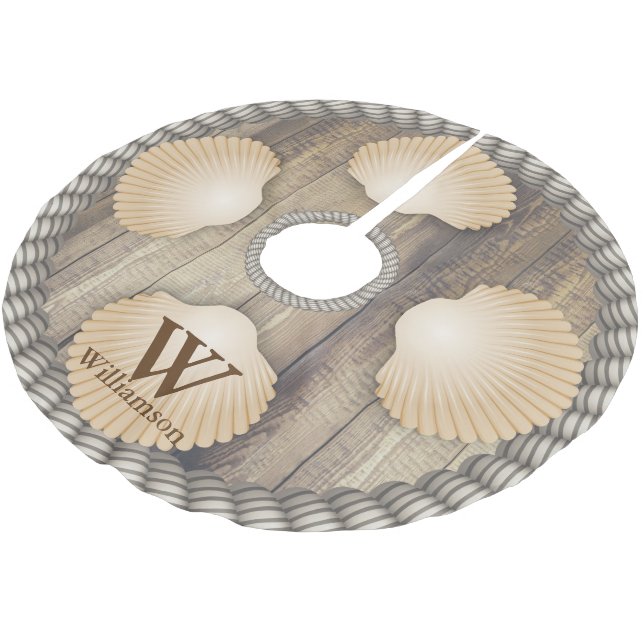 Seashells Beach Wooden Planks White Ropes Monogram Brushed Polyester Tree Skirt (Angled)