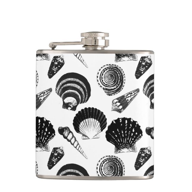 Seashells - black and white on a white background hip flask (Front)