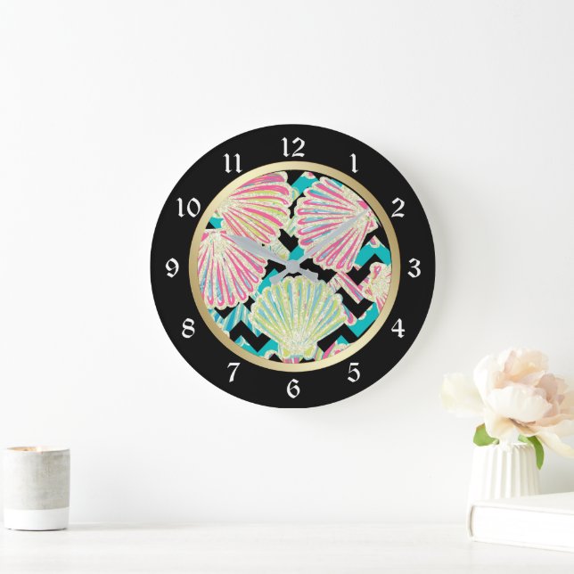Seashells Black Chevron Large Clock (Home)