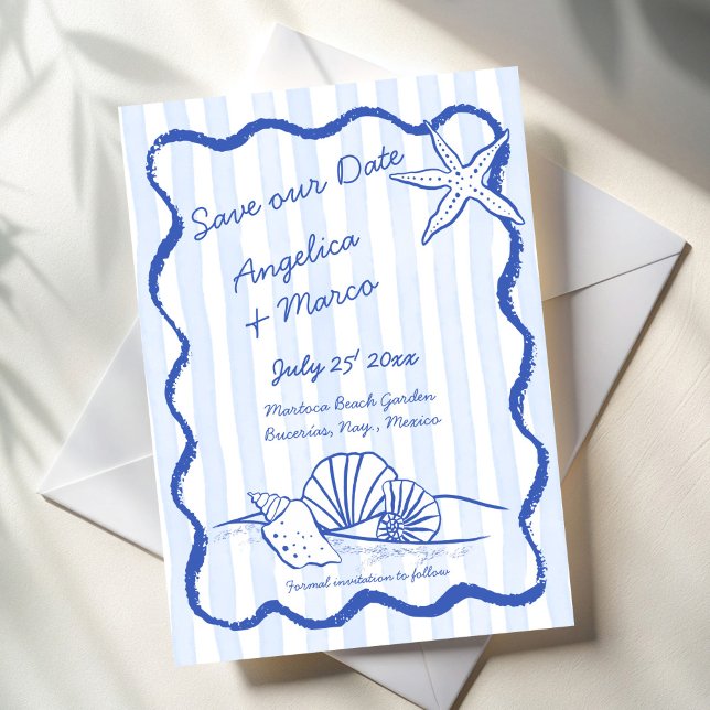 Seashells blue handrawn wavy border beach wedding save the date (Seashells blue handrawn wavy border beach destination wedding save the date cards template )