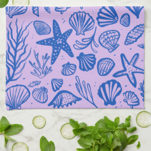 Seashells Blue & Purple Pattern Beach Shells Chic  Kitchen Towel