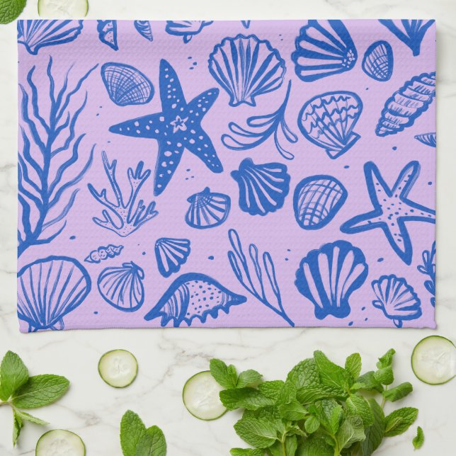 Seashells Blue & Purple Pattern Beach Shells Chic  Kitchen Towel (Folded)