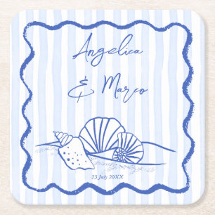 Seashells blue wavy border beach wedding favours square paper coaster
