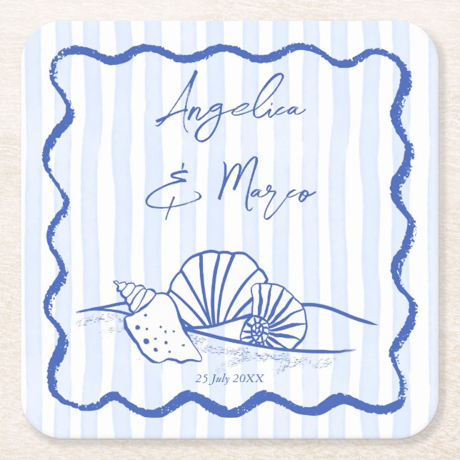 Seashells blue wavy border beach wedding favours square paper coaster (Front)