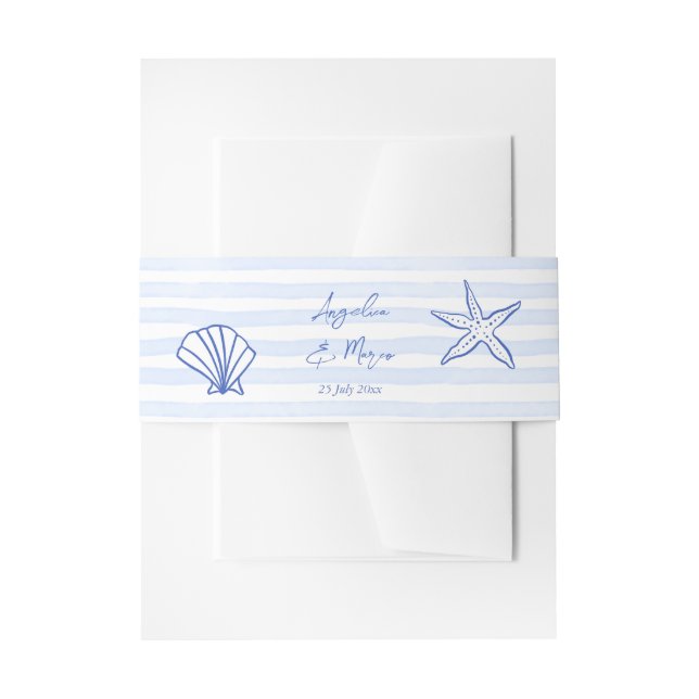 Seashells blue wavy border beach wedding invitation belly band (Front Example)