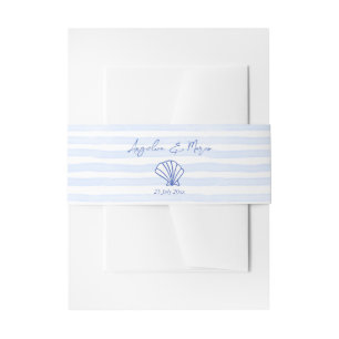 Seashells blue wavy border beach wedding invitation belly band