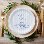 Seashells blue wavy border beach wedding monogram paper plate<br><div class="desc">Seashells blue handrawn wavy border beach wedding monogrammed paper plates template,   beach wedding personalized paper plates,  sketch beach wedding personalized table decor,  summer wedding printed paper plates,  seashells on the beach wedding personalized table decor,  handwriting wedding personalized decor</div>