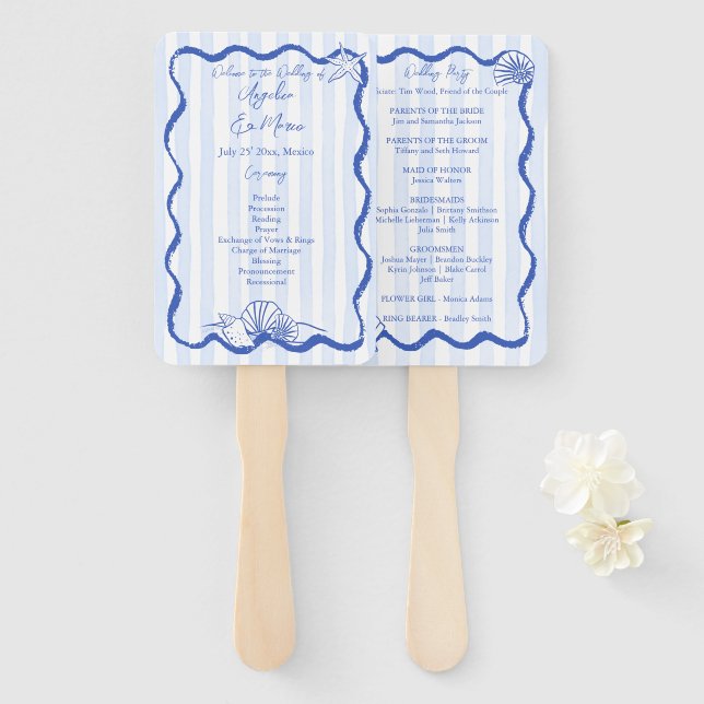 Seashells blue wavy border beach wedding program hand fan (Front and Back)