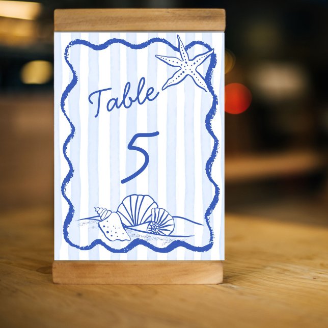 Seashells blue wavy border beach wedding table number (Seashells handrawn sketch blue wavy border beach wedding table number cards personalized decor)
