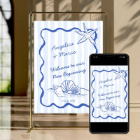Seashells blue wavy border beach wedding welcome
