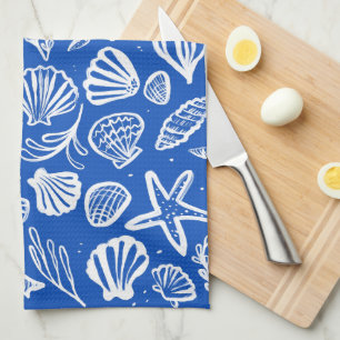 Seashells Blue & White Pattern Beach Shells Chic  Kitchen Towel
