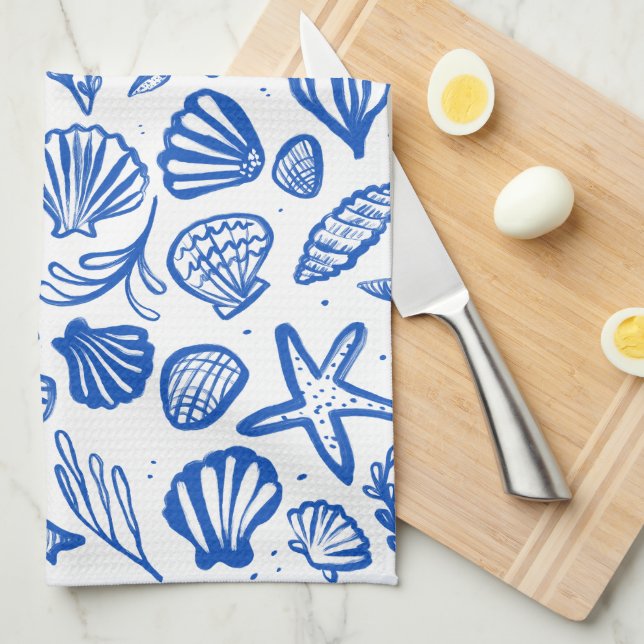 Seashells Blue & White Pattern Beach Shells Chic  Kitchen Towel (Quarter Fold)