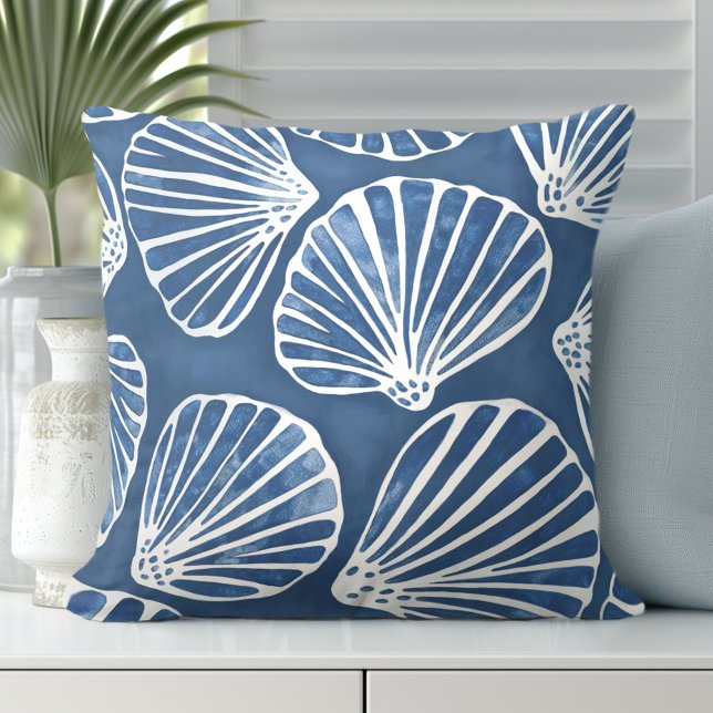 Seashells Blue White Throw Pillow (Discover Gorgeous Coastal Throw Pillows by Totally Coast.)