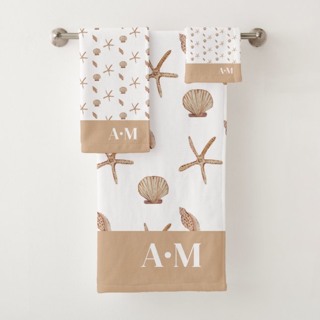 Seashells Camel White Initials Bath Towel Set (Insitu)