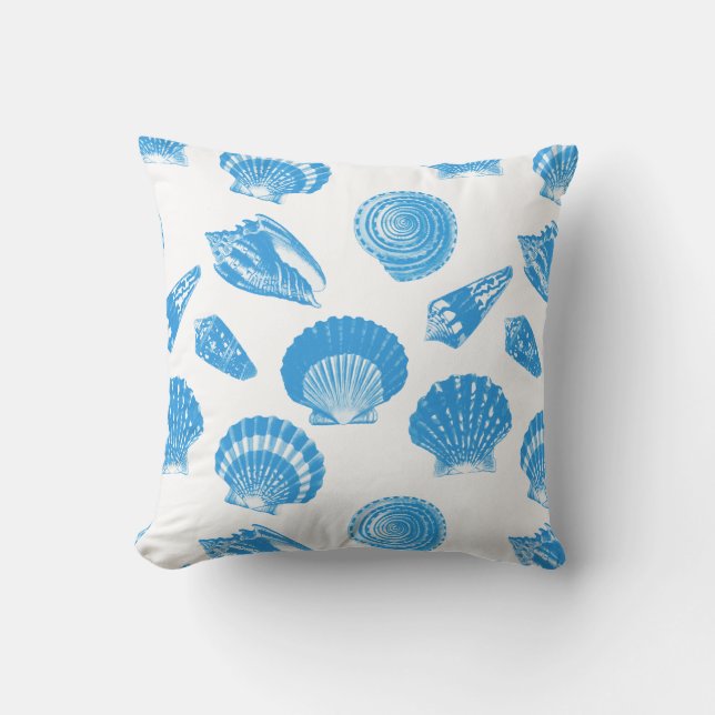 Seashells - Cerulean blue and white Throw Pillow (Front)