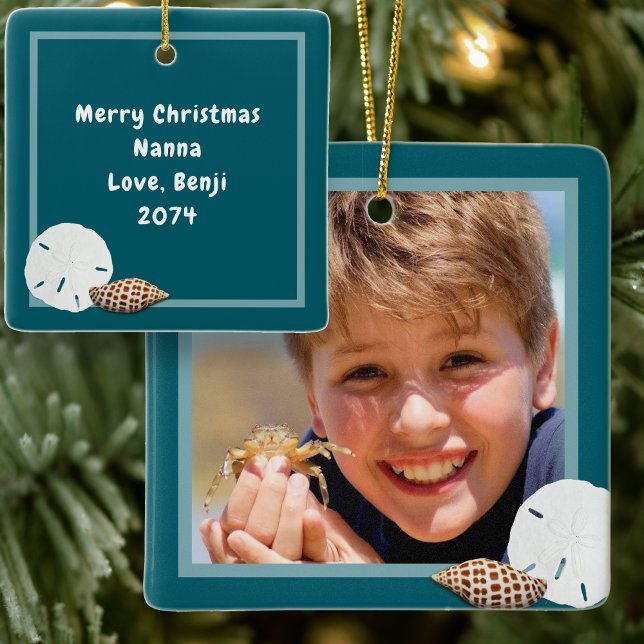 Seashells Christmas Photo Ornament Sea Blue (Creator Uploaded)