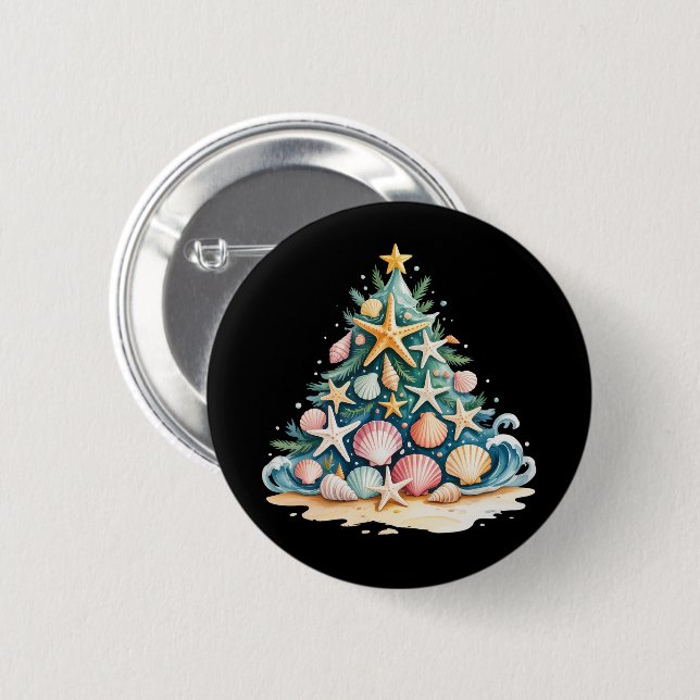 SeaShells Christmas Tree Ocean Water Starfish  2 Inch Round Button (Front & Back)