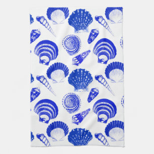 Seashells - cobalt blue on a white background kitchen towel