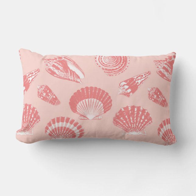 Seashells - coral pink and white lumbar pillow (Front)
