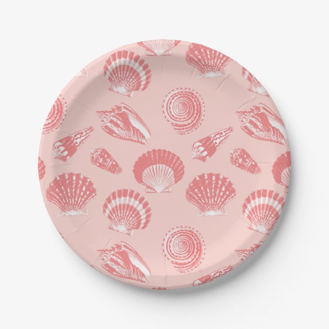 Seashells - coral pink and white paper plate (Front)