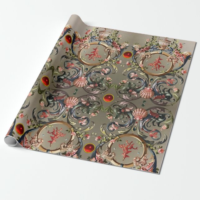 SEASHELLS,CORALS,DOLPHINS,ANTIQUE FLORAL SWIRLS  WRAPPING PAPER (Unrolled)