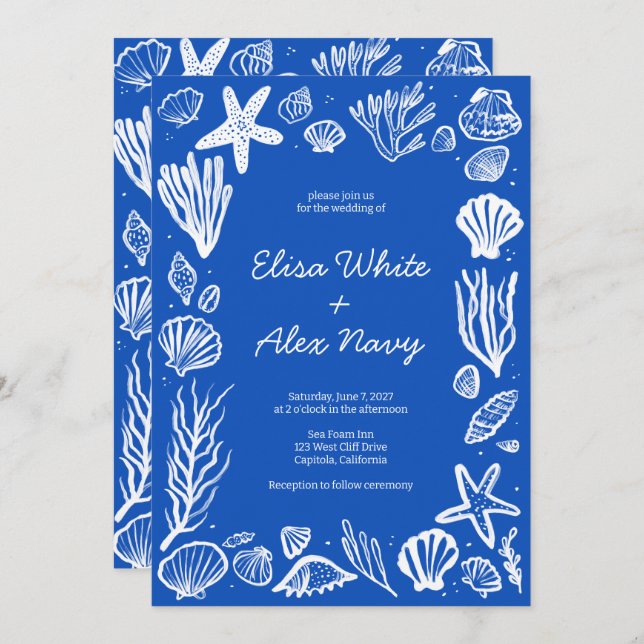 Seashells Frame Beach Wedding Blue CUSTOM  Invitation (Front/Back)