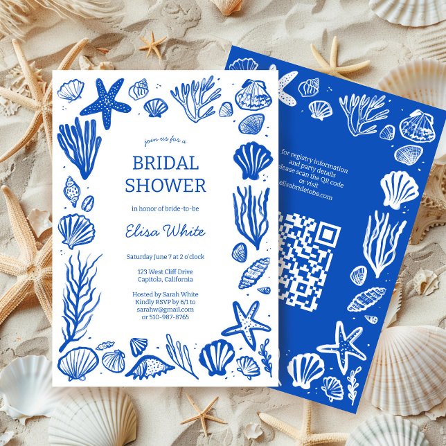 Seashells Frame Bridal Shower Blue Beach CUSTOM QR Invitation (Seashells Frame Bridal Shower Blue Beach CUSTOM QR Code Invitation Summer Sea Coast Chic ELegant 
)