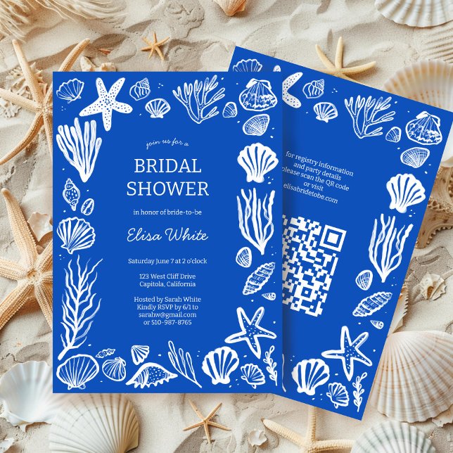 Seashells Frame Bridal Shower Blue Beach CUSTOM QR Invitation (Seashells Frame Bridal Shower Blue White Beach CUSTOM QR Code Chic Elegant Coastal Sea Invitation
)