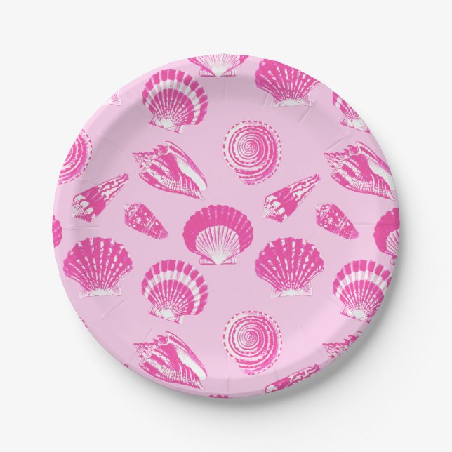 Seashells - Fuchsia pink and white Paper Plate (Front)
