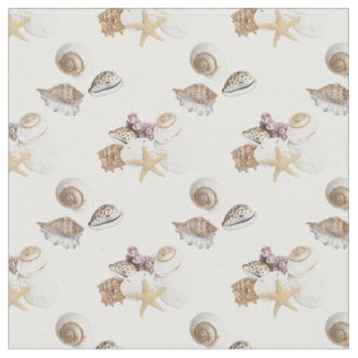 Seashells gallore on white fabric
