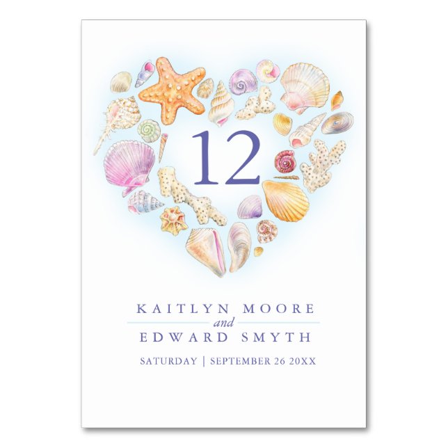 Seashells heart watercolor wedding custom table number (Back)