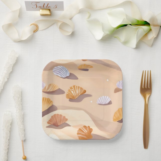 Seashells in the Sand | Beach Ocean Watercolor Paper Plate (Wedding)